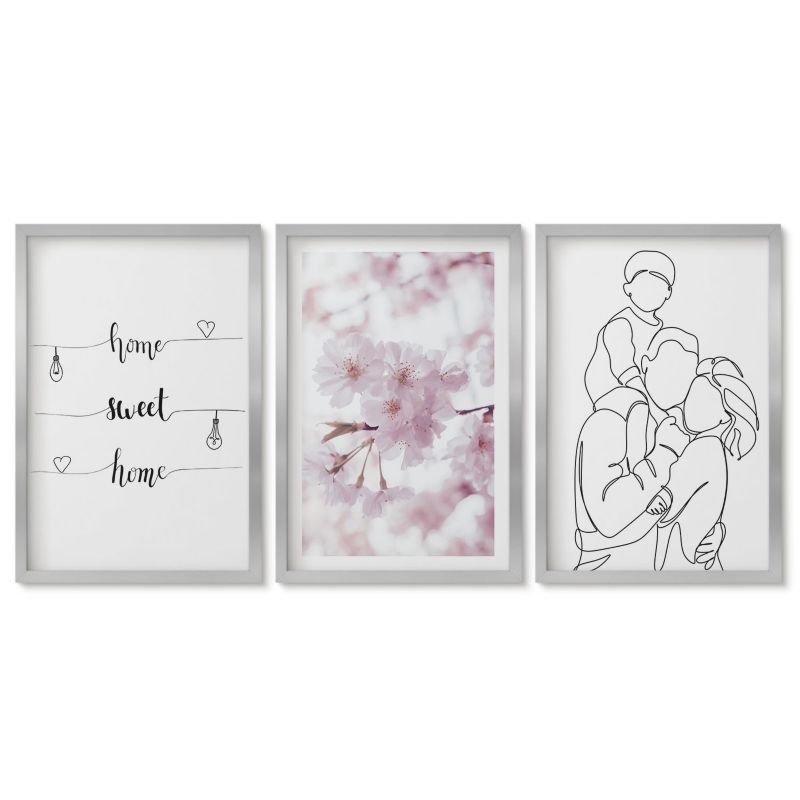 Komplet obrazów srebrna rama Tulup 40x60 cm Kwiaty rodzina minimalistycznie Obrazy do kuchni w ramie 1 kpl