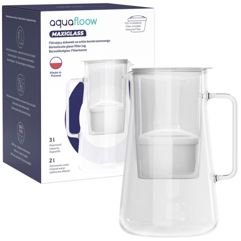 Dzbanek filtrujący wodę, AquaFloow MaxiGlass, szklany, szkło borokrzemowe, 3L, biały + 1x filtr wody, zestaw, 1szt.
