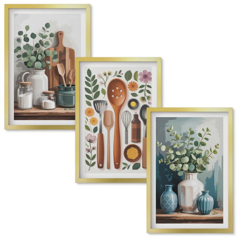 Set Obrazów w Ramie Wallfluent Kuchenne roślinne akcesoria Złota rama 40x60 cm 3 szt.