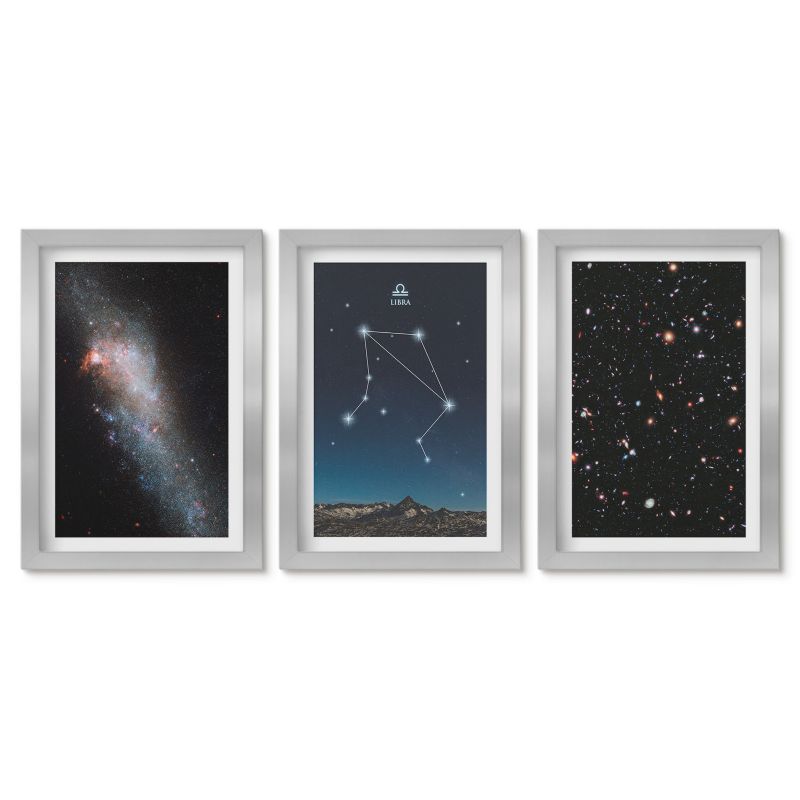 Zestaw 3 obrazów w srebrnych ramach Tulup 20x30 cm Kosmos galaktyka Waga niebo Obrazy nad biurko zestaw srebrna rama 1 kpl