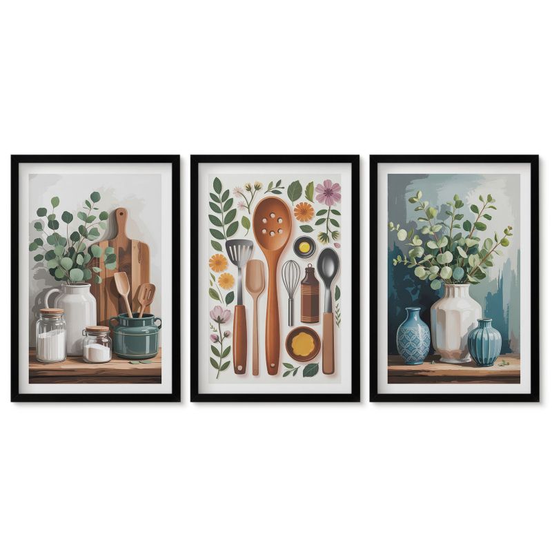 Zestaw 3 obrazów w czarnych ramach Tulup 40x60 cm Kuchenne roślinne akcesoria Stylowa galeria nad biurko 1 kpl