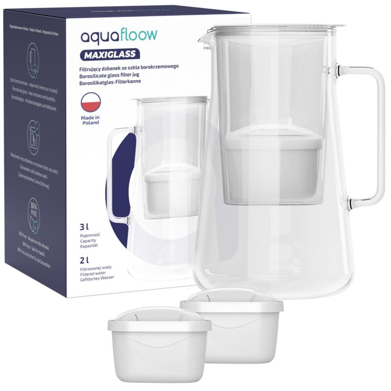 Dzbanek filtrujący wodę, AquaFloow MaxiGlass, szklany, szkło borokrzemowe, 3L, biały + 3x filtr wody, zestaw, 1szt.