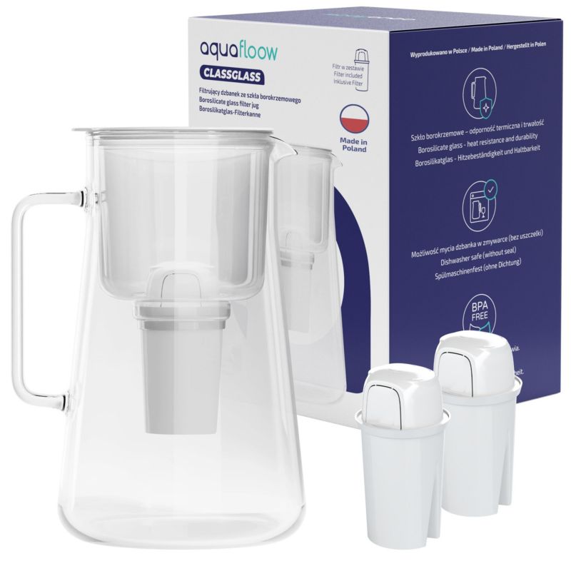 Dzbanek filtrujący, AquaFloow ClassGlass, szklany, szkło borokrzemowe, BPA Free, 3L, biały + 3x filtr do wody, zestaw, 1szt