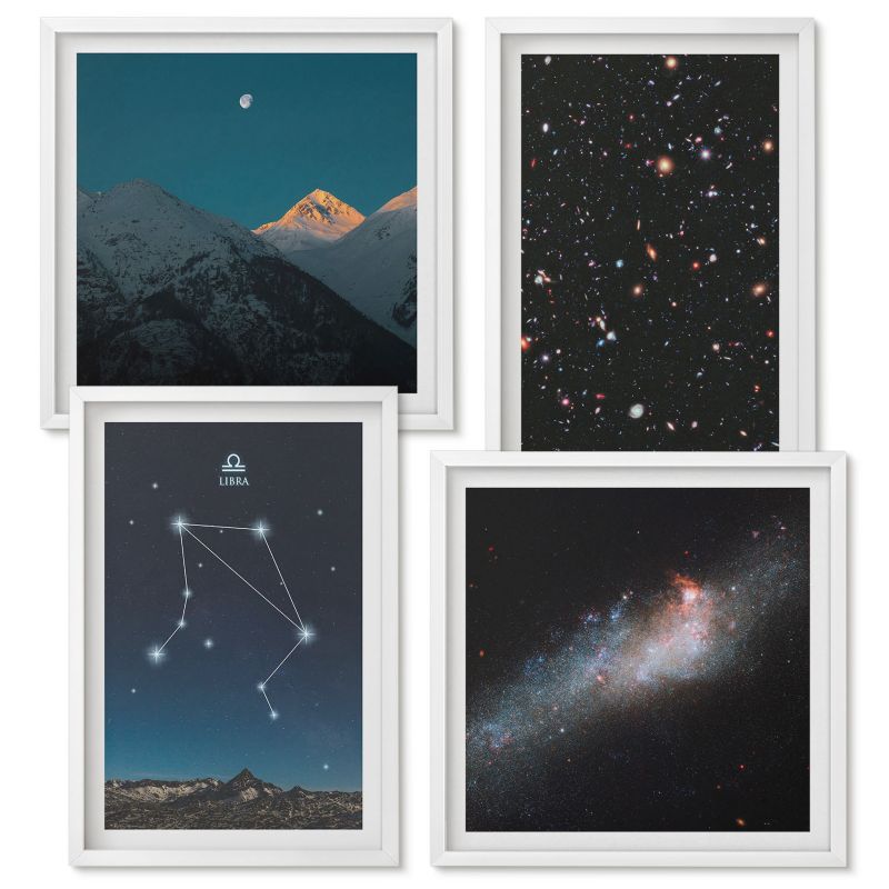 Set Obrazów w Ramie Wallfluent Kosmos galaktyka Waga nocne niebo Biała rama 4 szt.