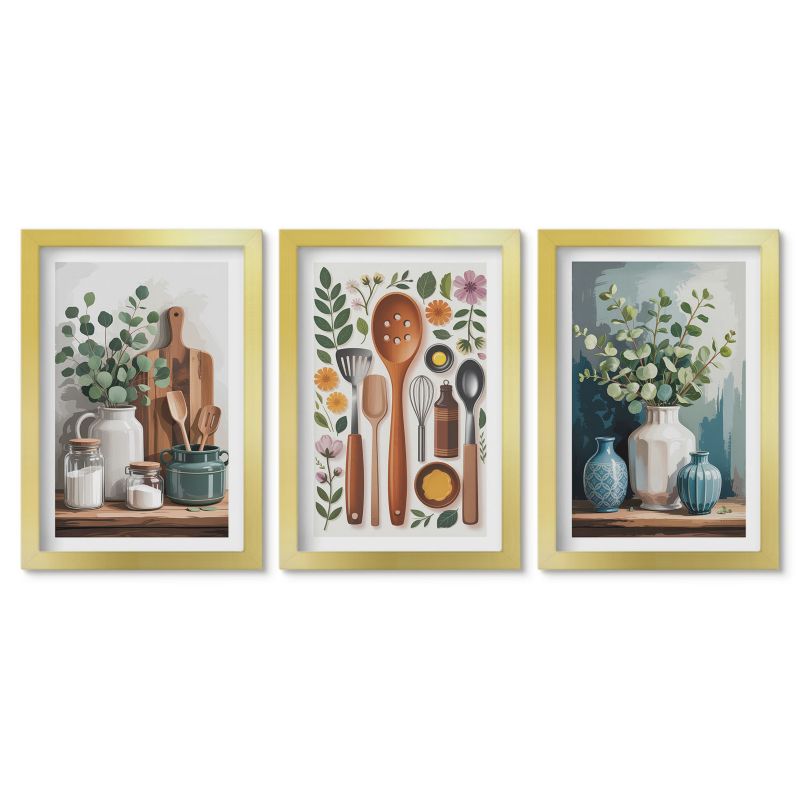 Zestaw 3 obrazów w złotych ramach Tulup 20x30 cm Kuchenne roślinne akcesoria Stylowa galeria nad biurko 1 kpl