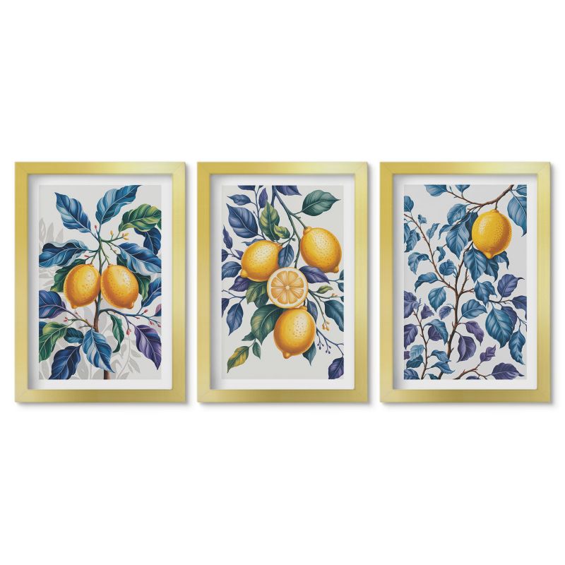 Komplet obrazów złota rama Tulup 20x30 cm Cytryny gałęzie błękitne liście Małe obrazy do kuchni w ramie 1 kpl