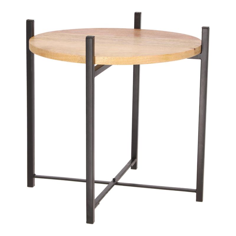 Stolik kawowy Ragna okrągły loftowy INTESI drewniany z metalową podstawą 42 cm do salonu 1 szt.