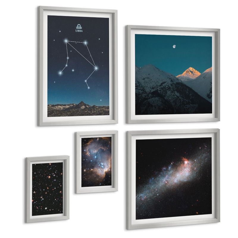 Pięcioczęściowy Zestaw Obrazów ArtPrintCave (2x50x50+2x20x30+40x60cm) Srebrna rama Kosmos galaktyka Waga nocne niebo 1 kpl.