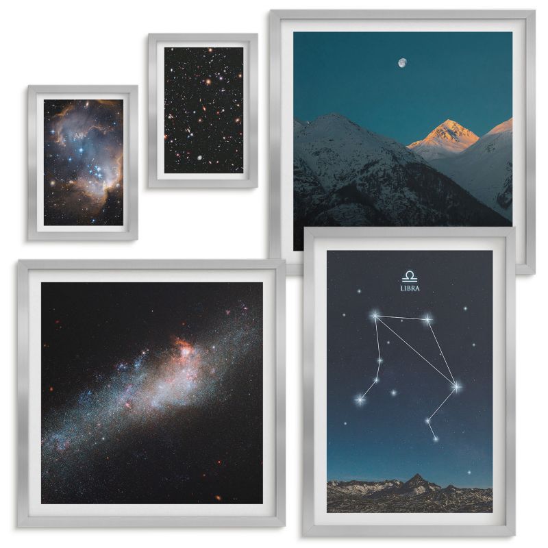 Set Obrazów w Ramie Wallfluent Kosmos galaktyka Waga nocne niebo Srebrna rama 5 szt.