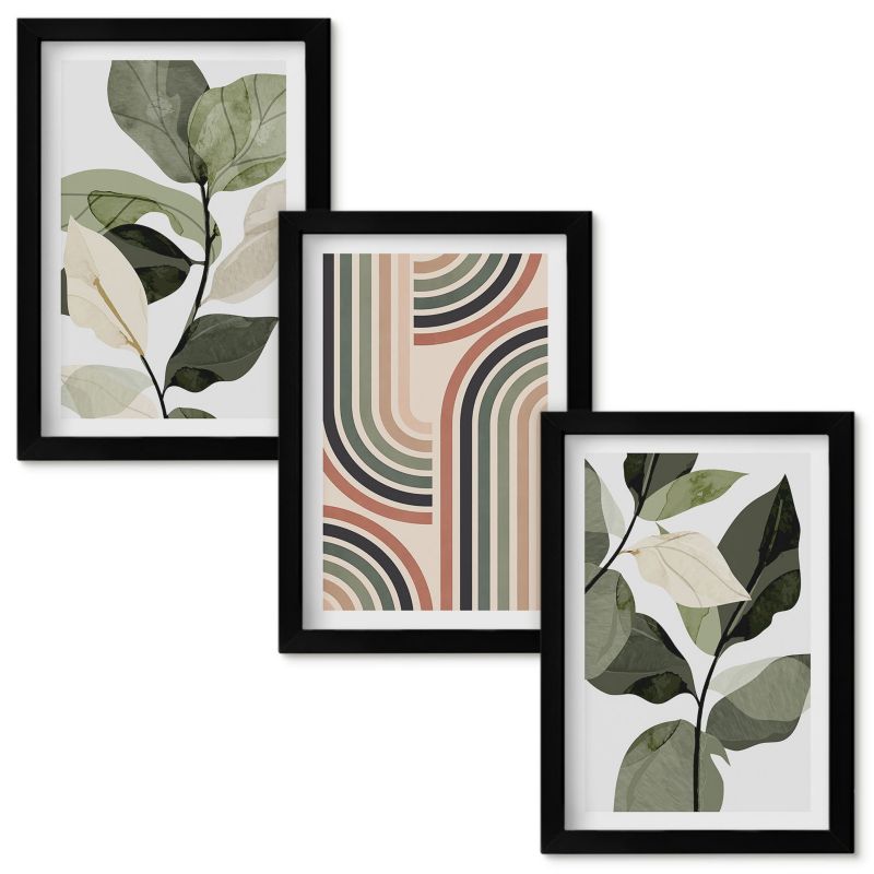 Set Obrazów w Ramie Wallfluent Roślinne motywy geometryczne Czarna rama 20x30cm 3 szt.