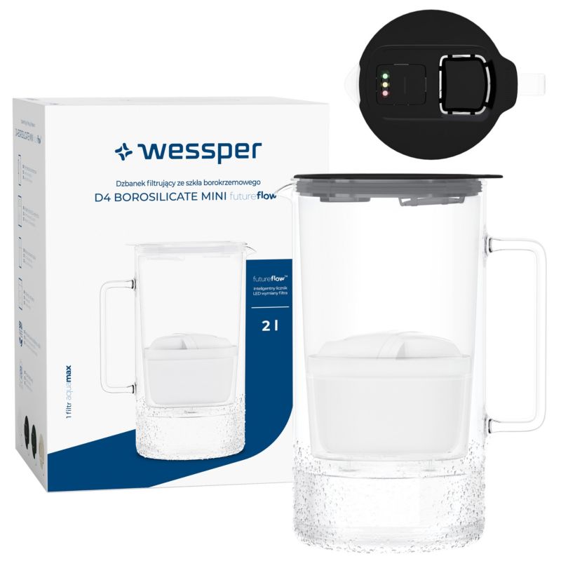 Dzbanek filtrujący wodę, Wessper D4 BOROSILICATE, szklany, licznik LED, 2 l, BPA Free, zestaw z 1 filtrem Aquamax, czarny, 2szt