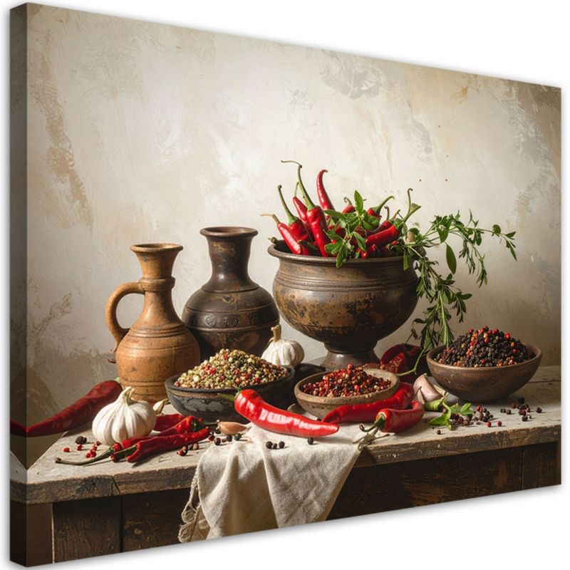 Obraz do kuchni jadalni restauracji Feeby Papryczki chili przyprawy dzban 100x70cm 1szt