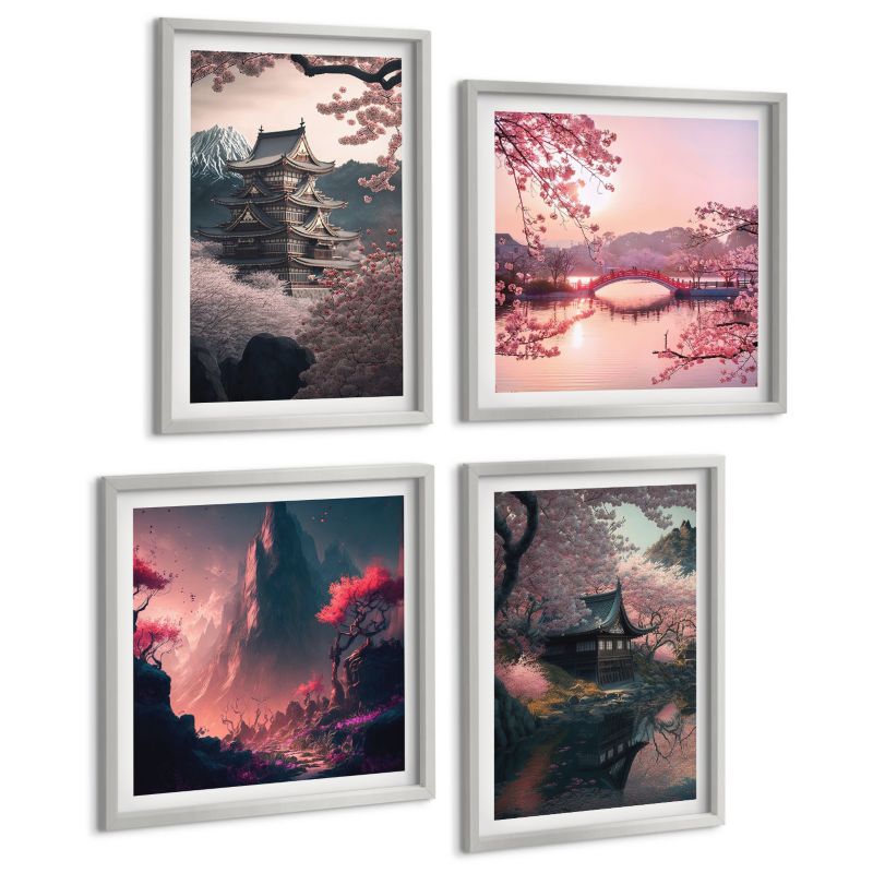 Zestaw Obrazów 4 Częściowy ArtPrintCave (2x50x50+2x40x60cm) Srebrna rama Krajobrazy Japonii fantasy 1 kpl.