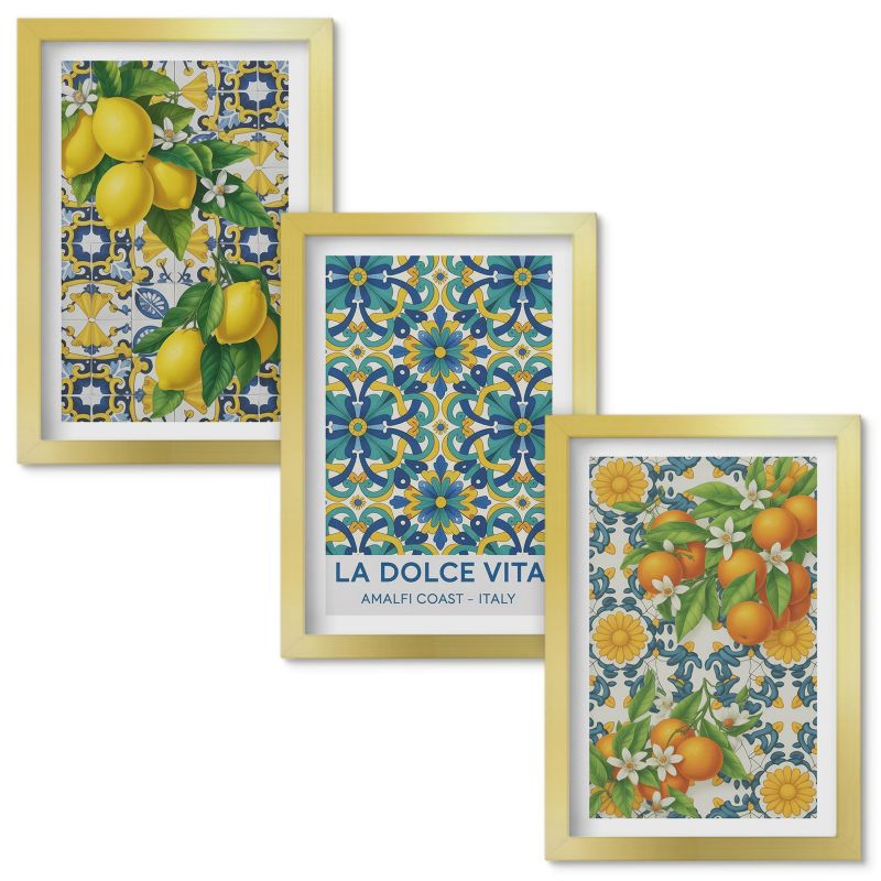 Tryptyk Obrazów w Ramie Wallfluent Cytryny kwiaty pomarańcze Italia Złota rama 20x30cm 3 szt.