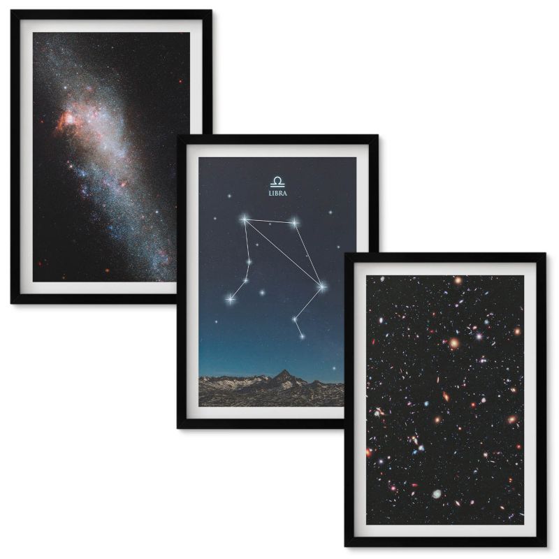 Set Obrazów w Ramie Wallfluent Kosmos galaktyka Waga niebo Czarna rama 40x60 cm 3 szt.