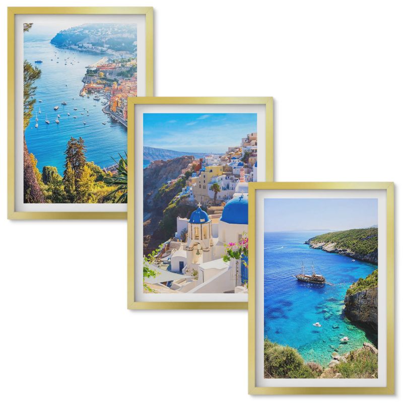 Tryptyk w Ramie Wallfluent Greckie widoki Santorini Oia Złota rama 40x60 cm 3 szt.