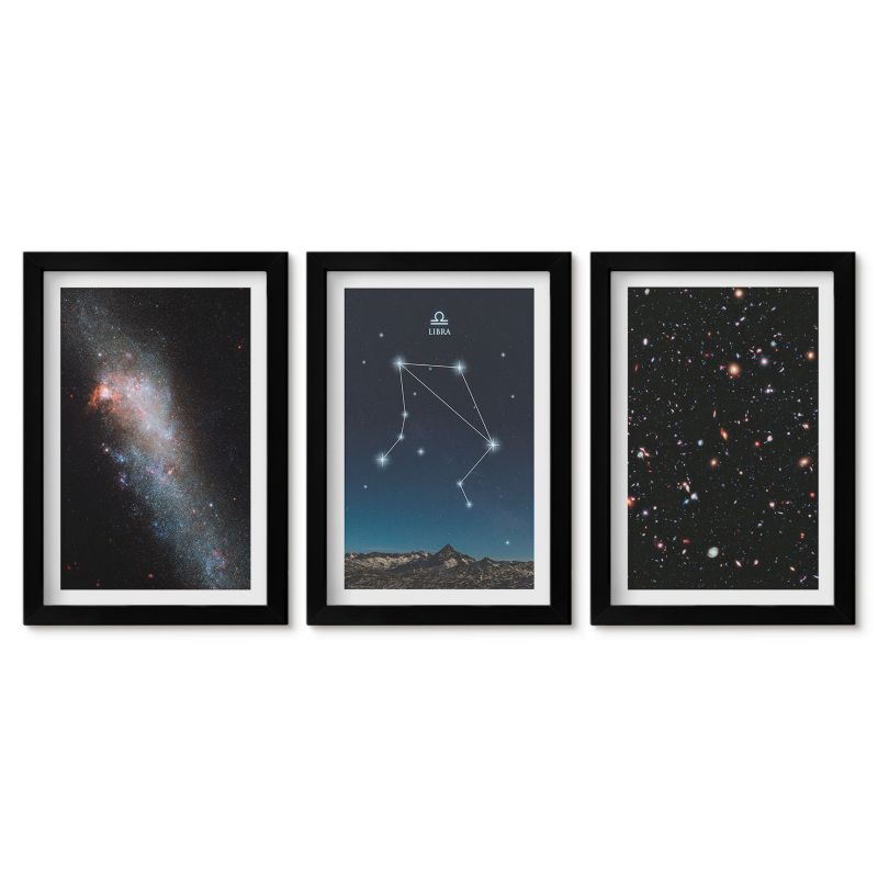 Zestaw 3 obrazów w czarnych ramach Tulup 20x30 cm Kosmos galaktyka Waga niebo Obrazy nad biurko zestaw czarna rama 1 kpl