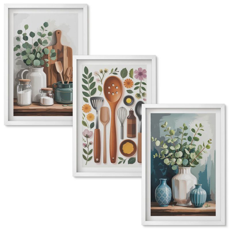 Set Obrazów w Ramie Wallfluent Kuchenne roślinne akcesoria Biała rama 40x60 cm 3 szt.