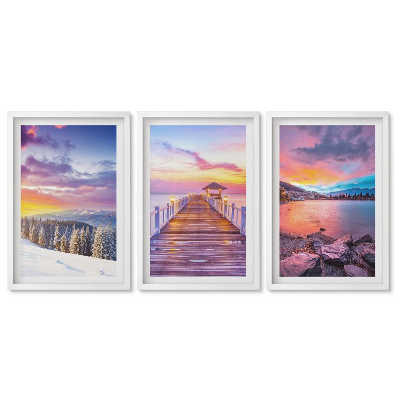 Zestaw 3 obrazów w białych ramach Tulup 40x60 cm Zimowy krajobraz górski jezioro Obrazy do kuchni w ramie 1 kpl