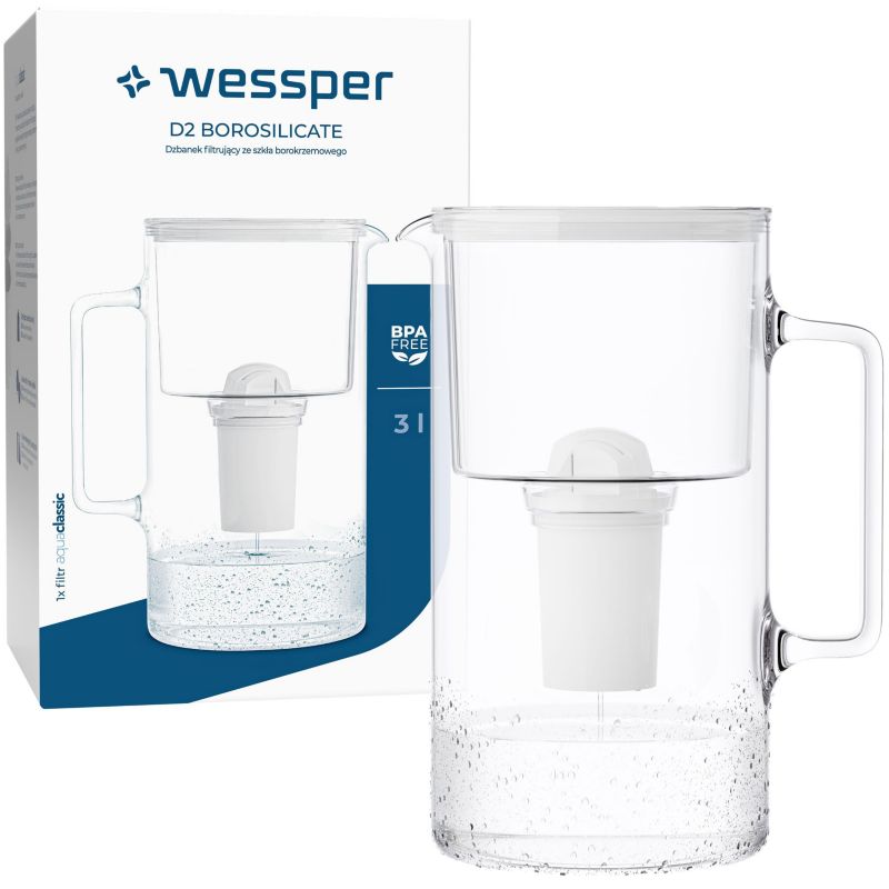 Dzbanek filtrujący wodę 3l, Wessper, szklany, biały + 1x Filtr Wessper AquaClassic, 2szt