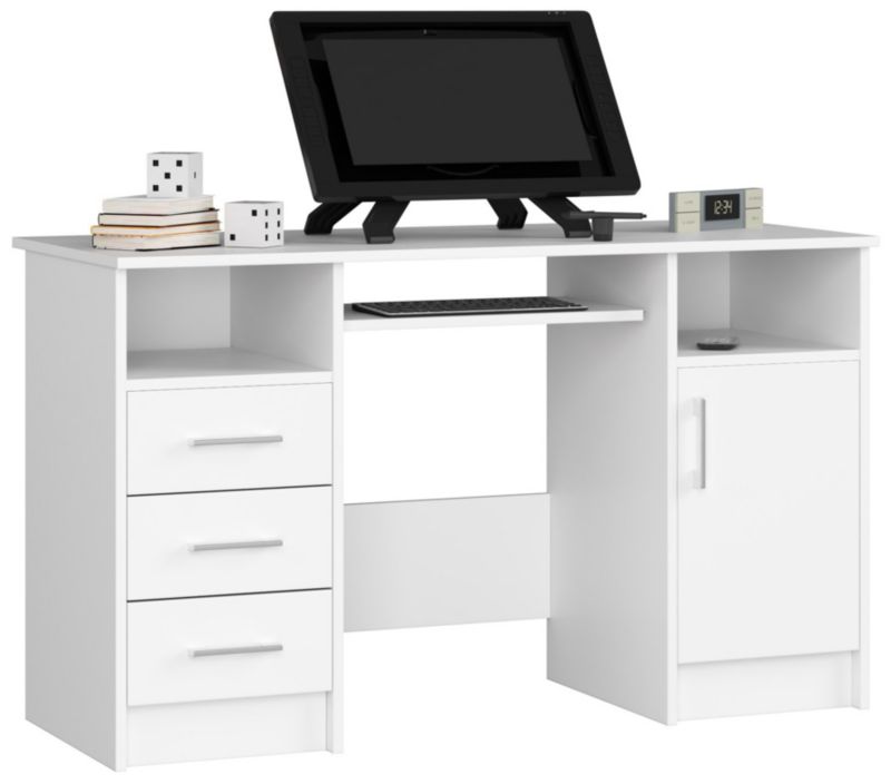 Biurko Akord Ana Białe 124 cm biurko komputerowe 1 drzwi 3 szuflady kolor Biały mat 5 półek 124x52x74 cm 1 szt.