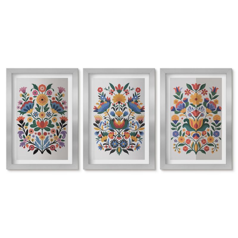 Zestaw 3 obrazów w srebrnych ramach Tulup 20x30 cm Kwiatowe wzory intensywne kolory Małe obrazy do kuchni w ramie 1 kpl