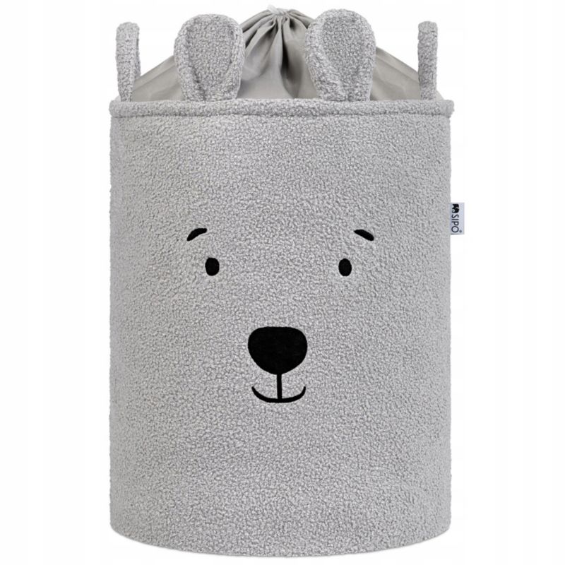 Kosz na zabawki SIPO, rozmiar XL, premium boucle, zamykany na sciagacz, z uchwytami, szary miś, 1 szt.