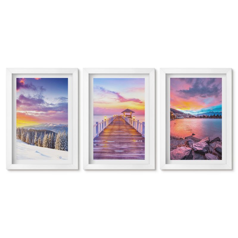 Zestaw 3 obrazów w białych ramach Tulup 20x30 cm Zimowy krajobraz górski jezioro Małe obrazy do kuchni w ramie 1 kpl