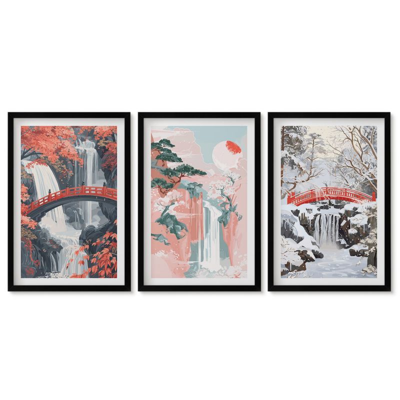Zestaw 3 obrazów w czarnej ramie Tulup 40x60 cm Wodospady pory roku Galeria ścienna 1 kpl