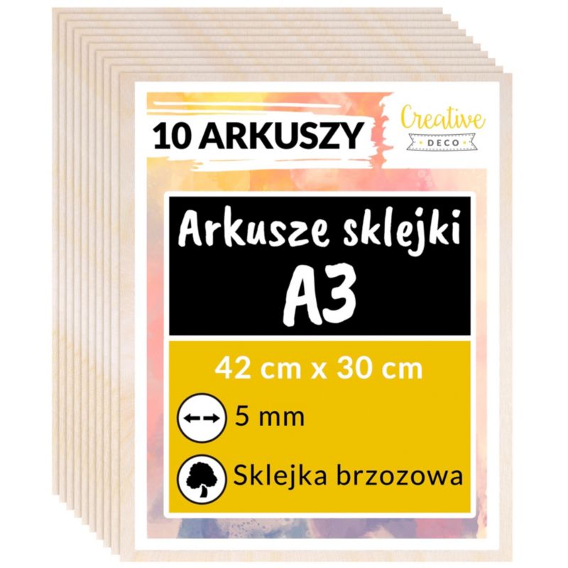 Sklejka Creative Deco A3 420 x 300 x 5 mm (+/-0,5 mm) Surowe Drewno Brzoza Płyta do Cięcia Laserowego, Grawerowania 10 szt.