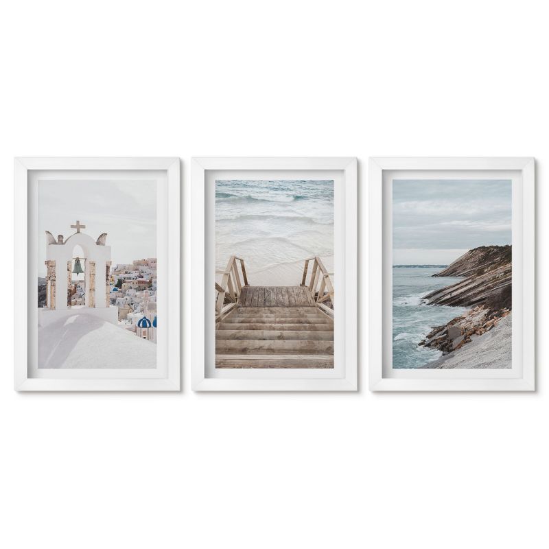 Zestaw 3 obrazów w białych ramach Tulup 20x30 cm Morze architektura Santorini Małe obrazy do kuchni w ramie 1 kpl
