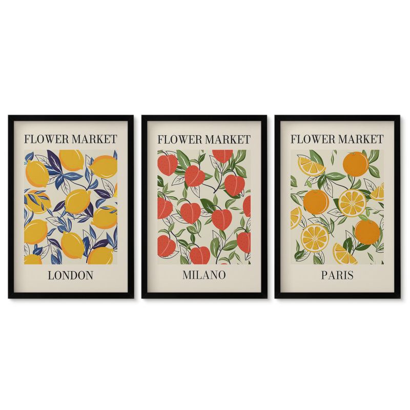 Zestaw 3 obrazów w czarnych ramach Tulup 40x60 cm Kwiatowe postery w miastach Obrazy do kuchni w ramie 1 kpl