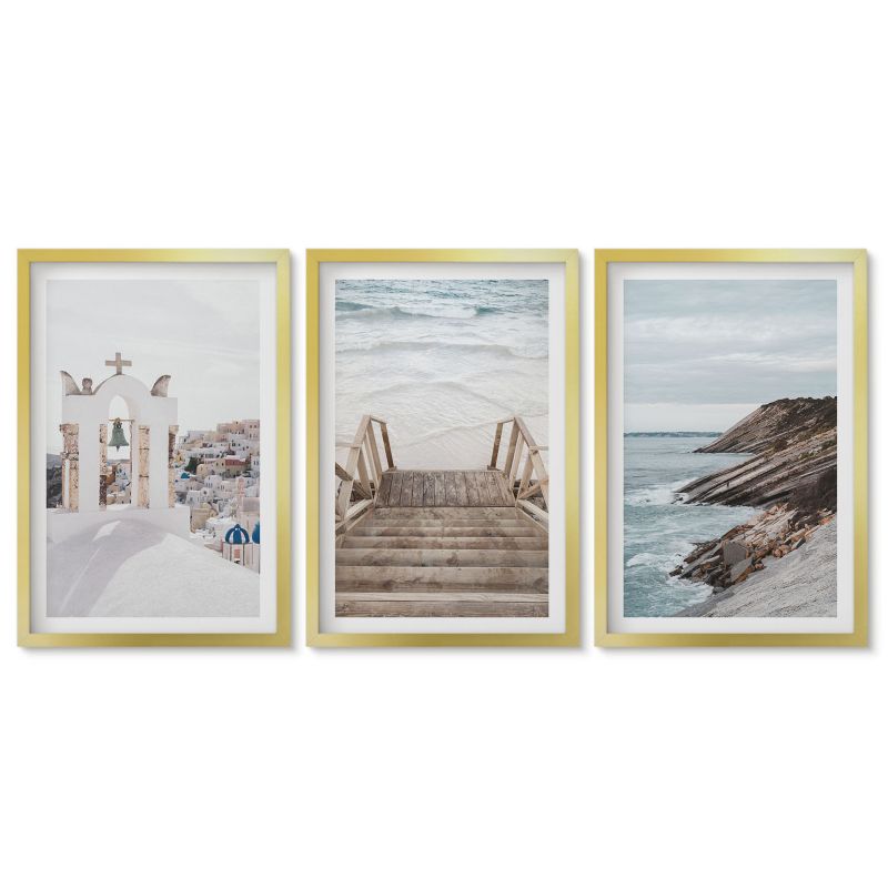 Zestaw 3 obrazów w złotych ramach Tulup 40x60 cm Morze architektura Santorini Obrazy do kuchni w ramie 1 kpl