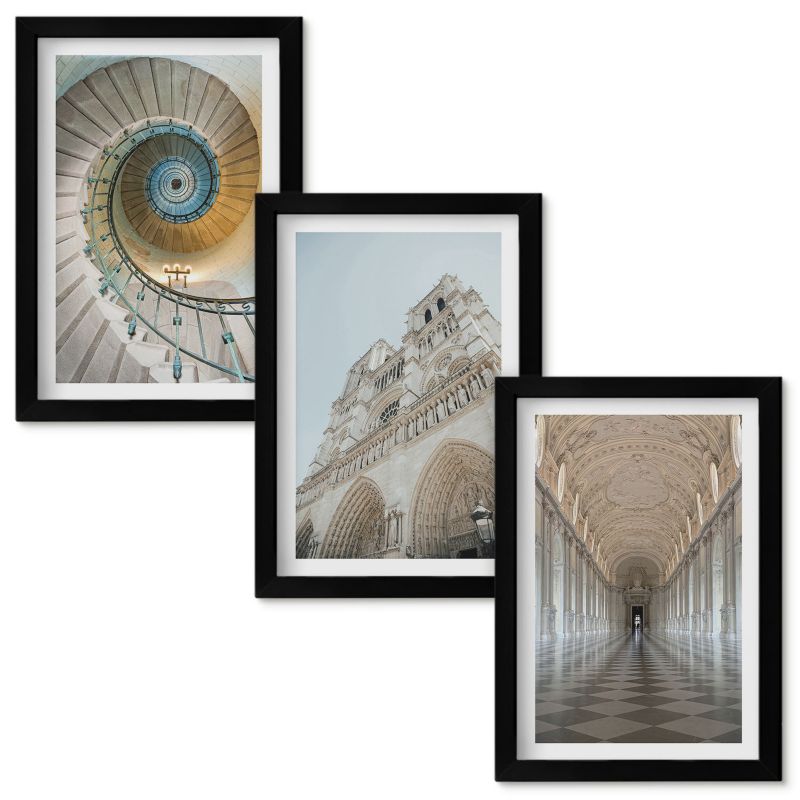 Set Obrazów w Ramie Wallfluent Schody spiralne katedry fasada Czarna rama 20x30cm 3 szt.