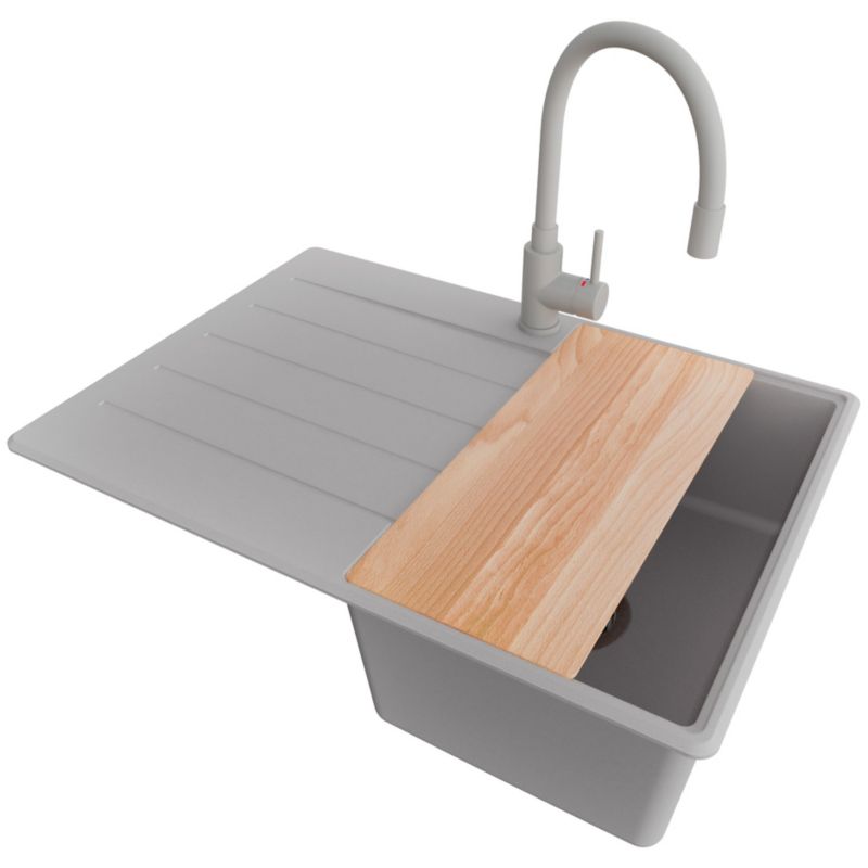 Zlewozmywak Granitowy Kopenhaga Top PRIMAGRAN Nablatowy 70x50cm do Szafki od 40cm, Szary + Bateria + Syfon + Deska, S181, 1 szt.