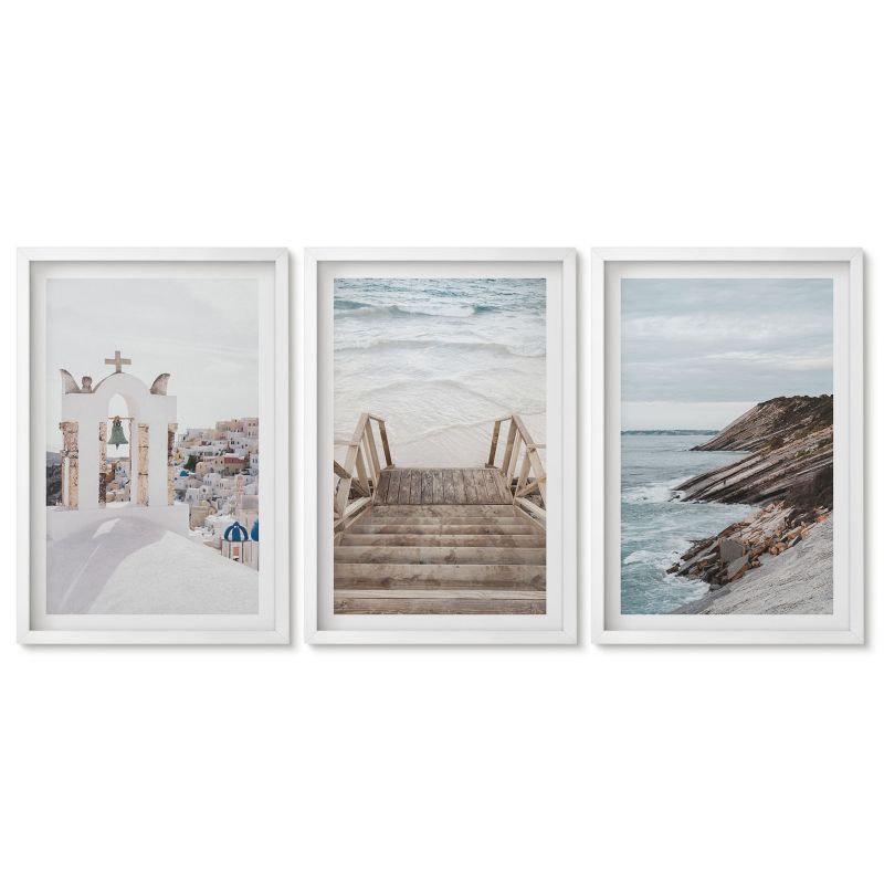 Zestaw 3 obrazów w białych ramach Tulup 40x60 cm Morze architektura Santorini Obrazy do kuchni w ramie 1 kpl