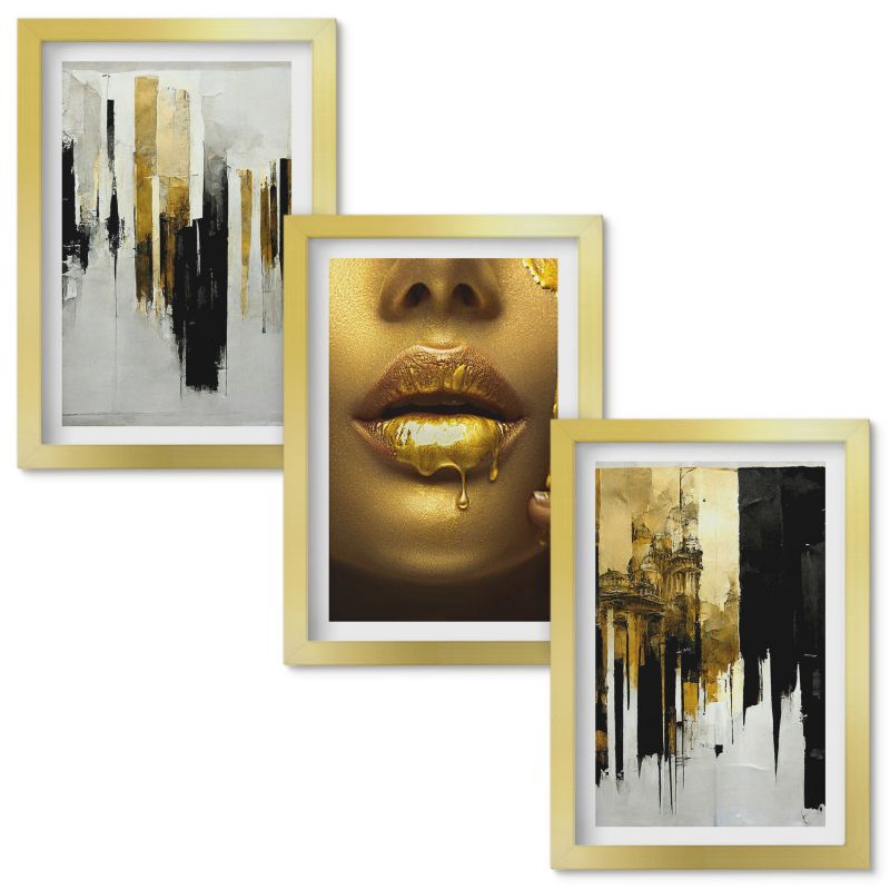 Obrazy Do Sypialni Wallfluent Abstrakcyjne malarstwo portret Złota rama 20x30cm 3 szt.