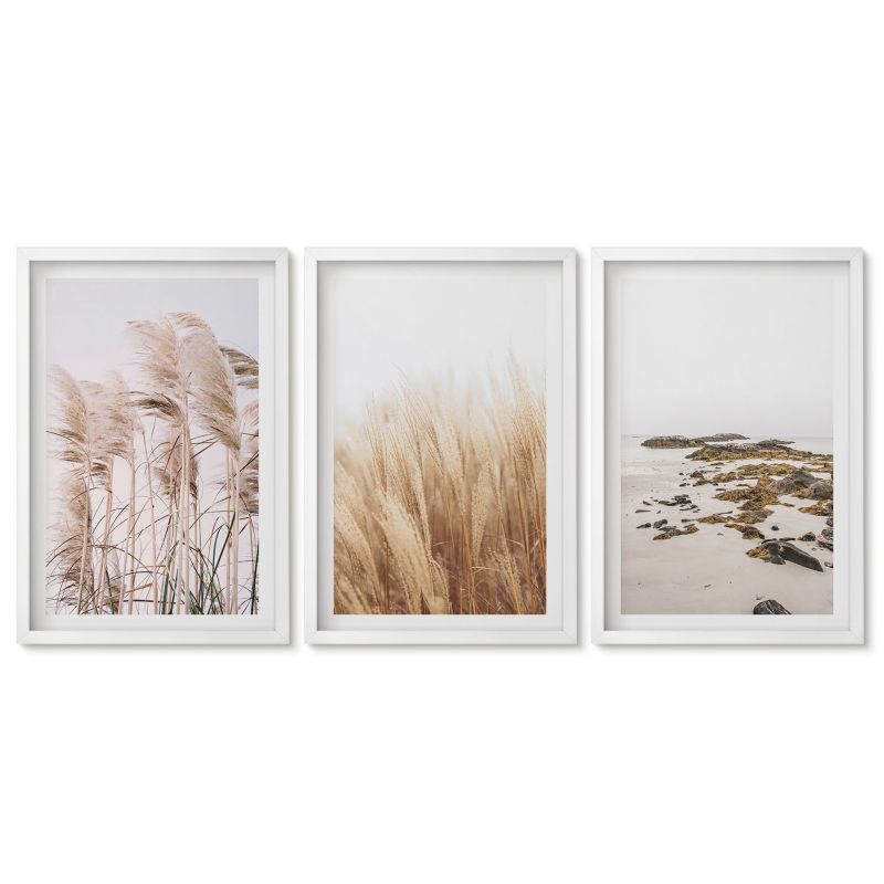 Komplet obrazów biała rama Tulup 40x60 cm Pola pampas traw i plaża boho Obrazy do kuchni w ramie 1 kpl
