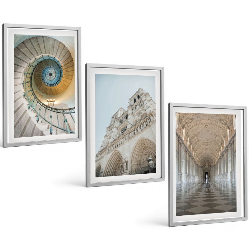 Komplet 3 Obrazów w Srebrnej Ramie ArtPrintCave 40x60 cm Grafika Ścienna Schody spiralne katedry fasada 1 kpl.