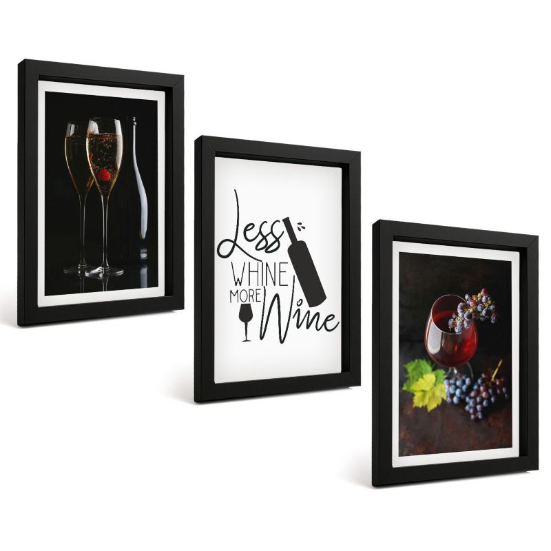 Trzyczęściowy Zestaw Obrazów ArtPrintCave 20x30 cm Czarna rama Kieliszki wina winogrona napis 1 kpl.