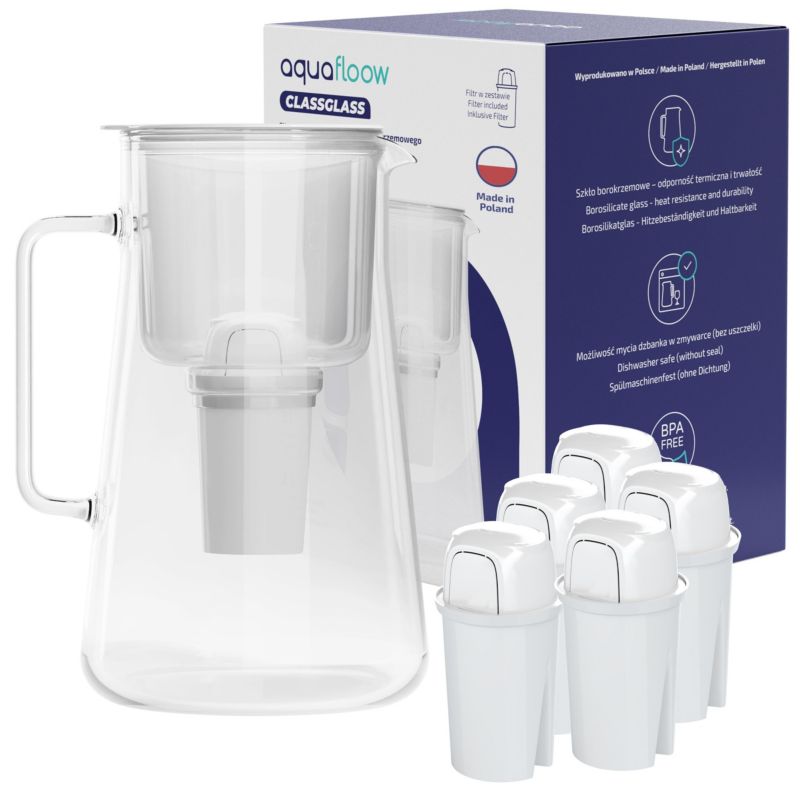 Dzbanek filtrujący, AquaFloow ClassGlass, szklany, szkło borokrzemowe, BPA Free, 3L, biały + 6x filtr do wody, zestaw, 1szt