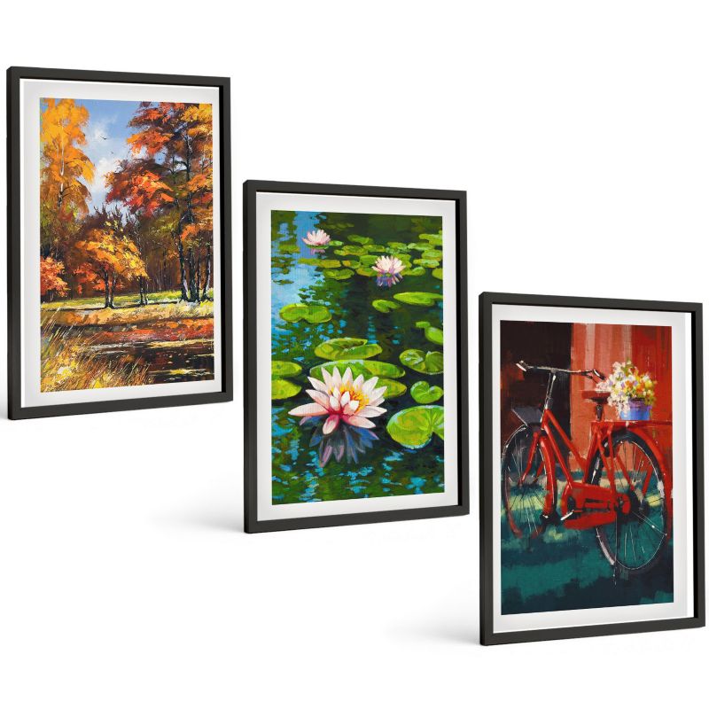 Komplet 3 Obrazów w Czarnej Ramie ArtPrintCave 40x60 cm Grafika Ścienna Kolory jesieni lilia taras 1 kpl.