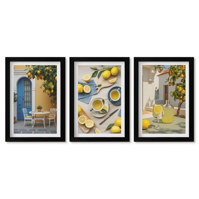 Zestaw 3 obrazów w czarnych ramach Tulup 20x30 cm Cytryny lemoniada niebieskie drzwi Tryptyk 1 kpl
