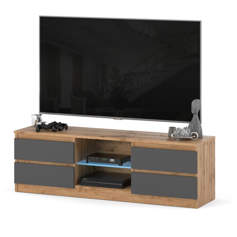 Komoda RTV Hurtownia-Mebli Szuflady 4 RTV Quattro 138 138cm Dąb Wotan Szary Mat 138x35x45 cm 1szt.