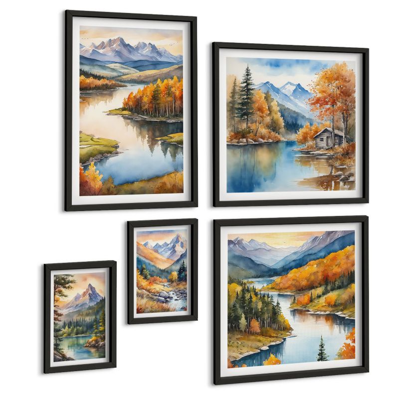 Zestaw 5 Obrazów ArtPrintCave (2x50x50+2x20x30+40x60cm) Czarna rama Górski krajobraz z rzeką 1 kpl.