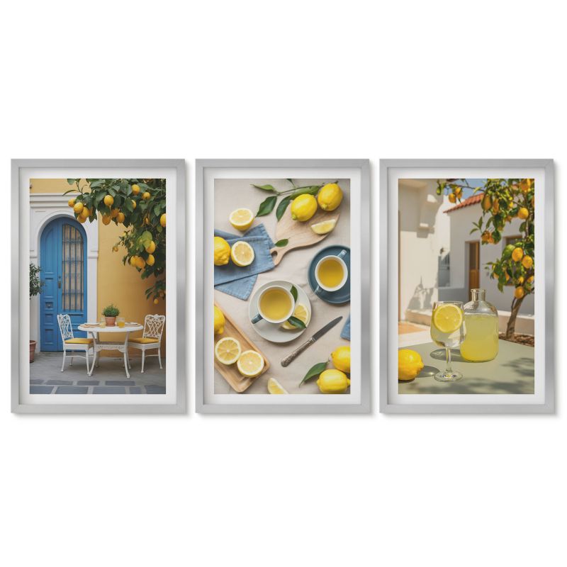 Zestaw 3 obrazów w srebrnych ramach Tulup 40x60 cm Cytryny lemoniada niebieskie drzwi Tryptyk 1 kpl