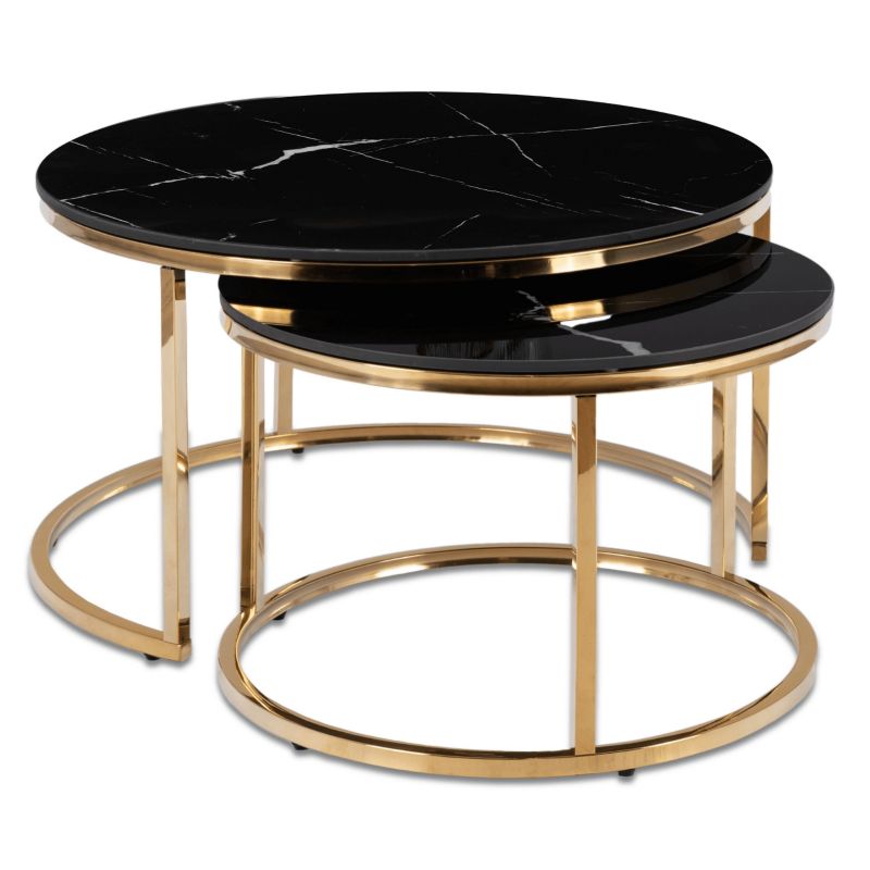 Stolik Kawowy Mebel Elite Okrągły Zestaw 2w1 Ława Glamour Marmur Czarny Złoty Milano 1 szt