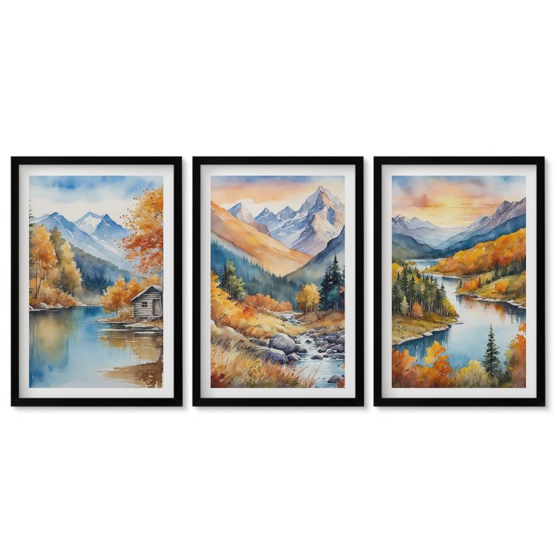 Zestaw 3 obrazów w czarnej ramie Tulup 40x60 cm Górski krajobraz rzeka jesień Stylowa galeria nad biurko 1 kpl