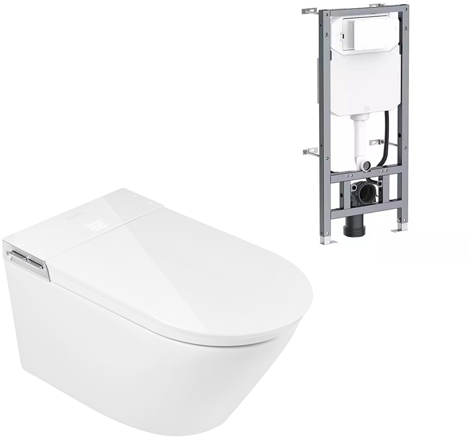 Darmowa Dostawa - Toaleta myjąca ze stelażem i przyciskiem wisząca bez kołnierza ze spłukiwaniem wirowym biała Clean Wave Breeze B700SET