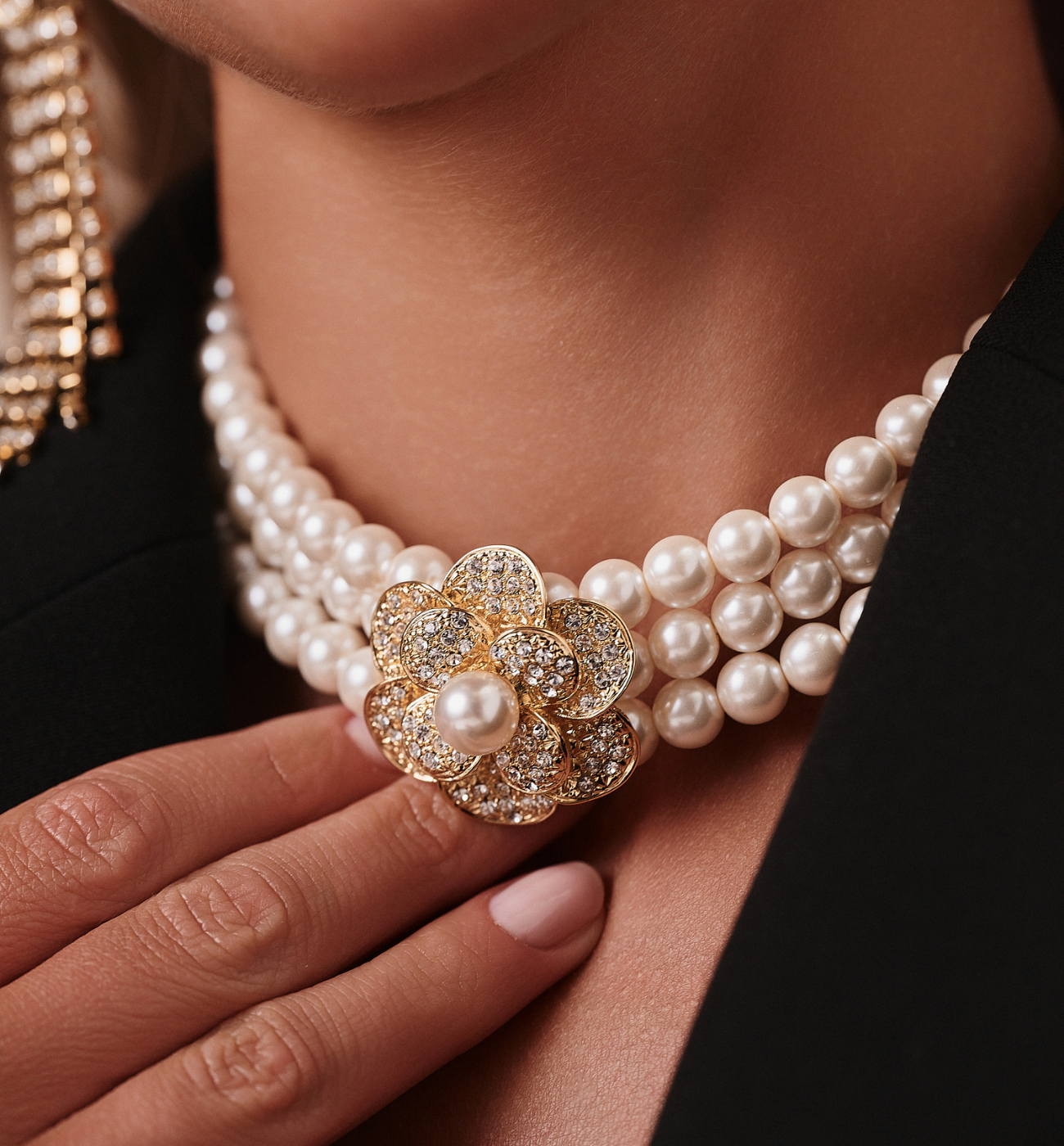 Naszyjnik z trzema rzędami pereł i złotym kwiatem Pearl Blossom Choker NS0378